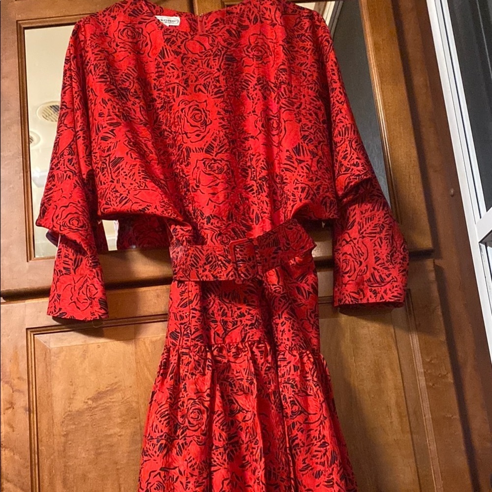 Silk Vintage Red Lauren Alexandra Size 12 Asian Inspired Midi Dress Fall